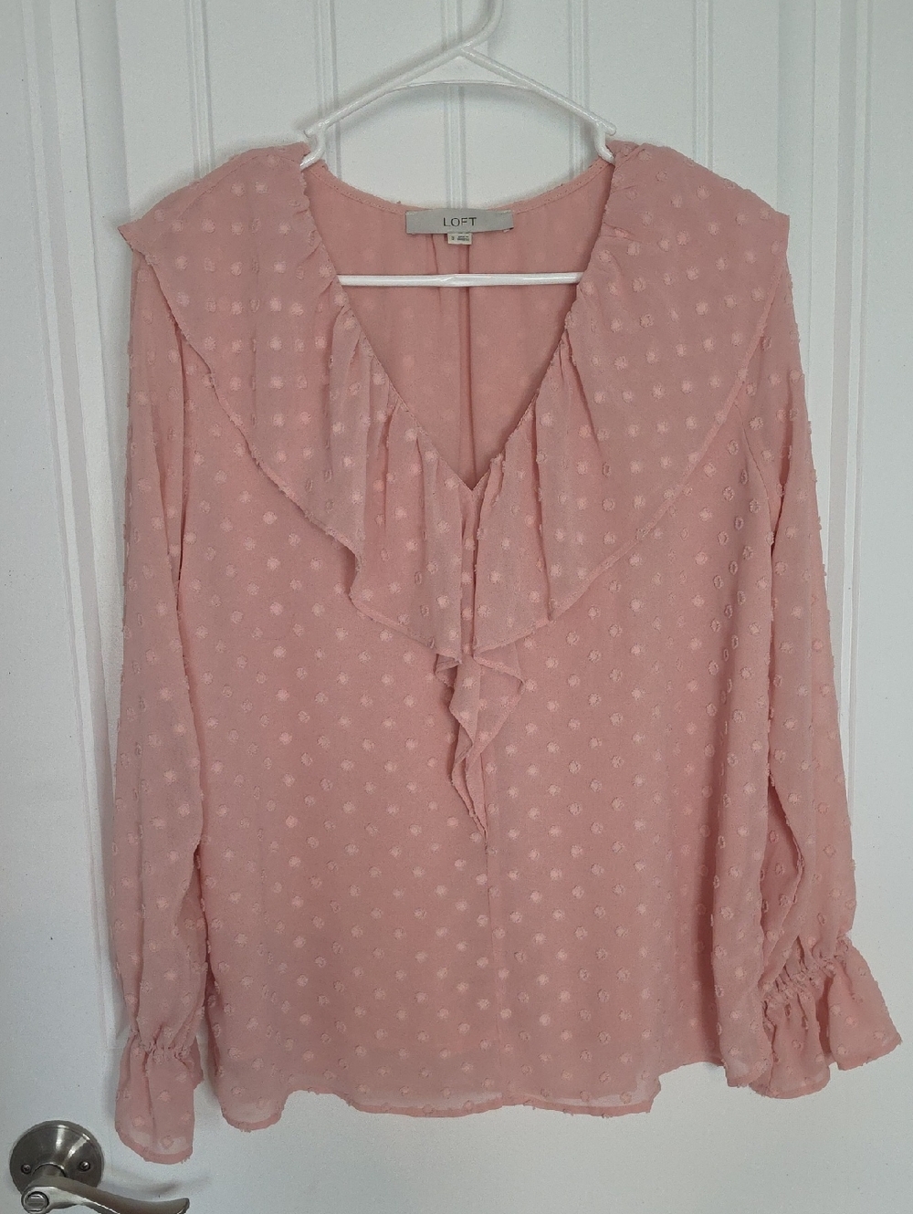 LOFT Blush Pink Ruffle V-Neck Textured Blouse